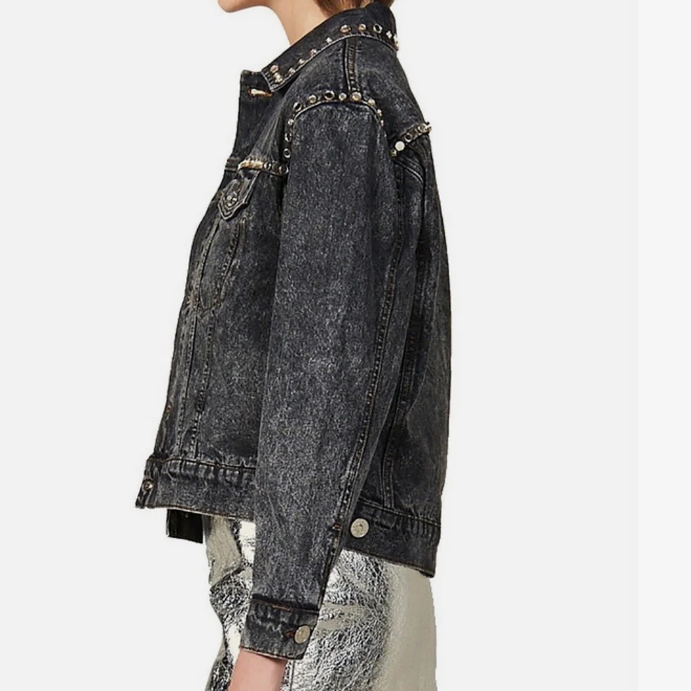 SANDRO Mirrored Studded Gray Washed Denim Jeans Jacket Cotton Size 38 - Picture 2 of 9